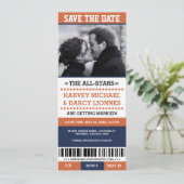 Navy & Orange Sports Ticket Save the Date (Stehend Vorderseite)