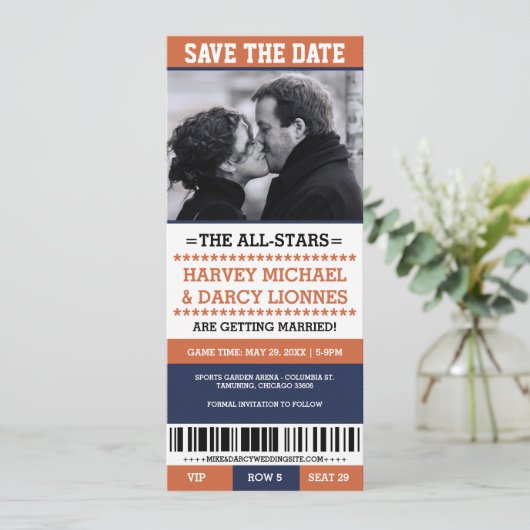 Navy & Orange Sports Ticket Save the Date (Stehend Vorderseite)