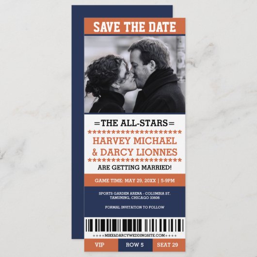 Navy & Orange Sports Ticket Save the Date (Vorne/Hinten)