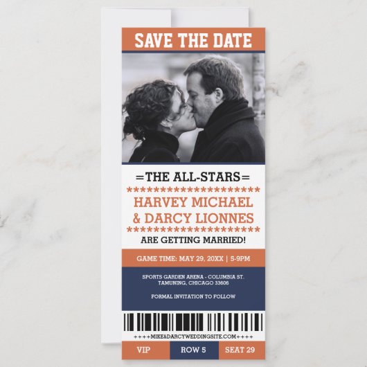 Navy & Orange Sports Ticket Save the Date (Vorderseite)