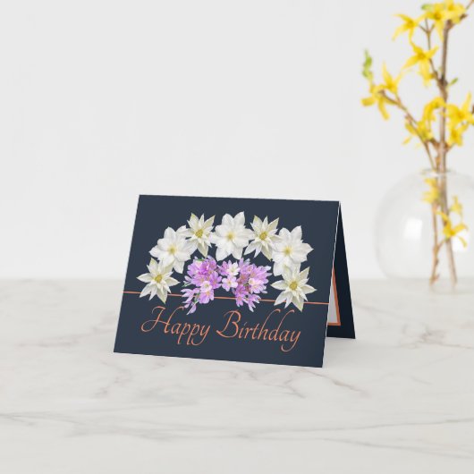 Navy Orange White Lila Bouquet Happy Birthday Karte (Gelbe Blume)