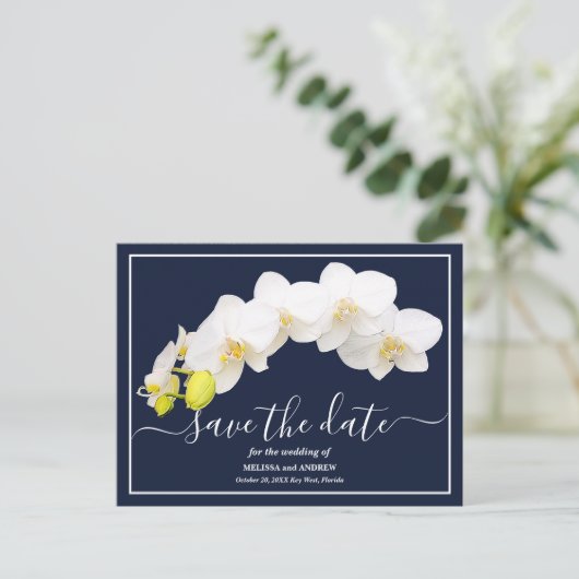 Navy-Orchids-Hintergrund Save the Date Postkarte (Stehend Vorderseite)