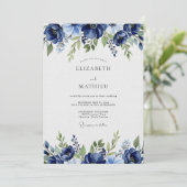 Navy Painterly Blossom Wedding Einladung (Stehend Vorderseite)