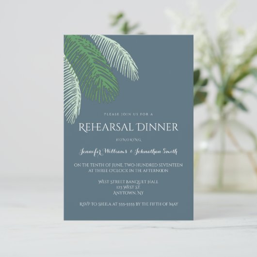 Navy Palm Blätter Probe Dinner Einladungen (Stehend Vorderseite)