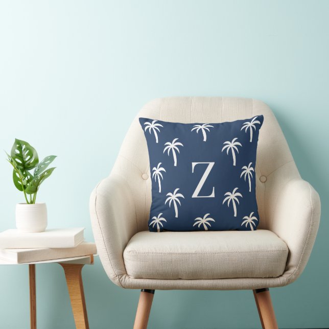 Navy Palmbaum Monogramm Kissen Personalisiert Prep (Stuhl )