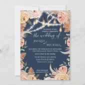 Navy Pampas Grass Blush Pink Floral Edison Lights Einladung (Vorderseite)