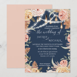 Navy Pampas Grass Blush Pink Floral Edison Lights Einladung
