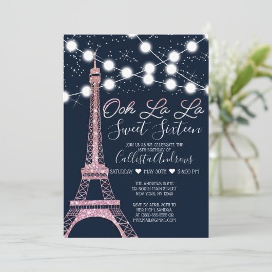 Navy Paris Eiffel Tower Glitzer Lights Sweet 16 Einladung (Stehend Vorderseite)