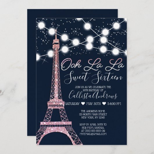 Navy Paris Eiffel Tower Glitzer Lights Sweet 16 Einladung (Vorne/Hinten)