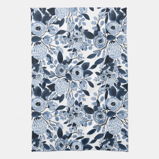 Navy Pastel Blue Watercolor Blumenmuster Geschirrtuch (Vertikal)