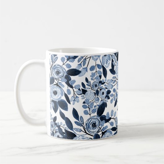 Navy Pastel Blue Watercolor Blumenmuster Kaffeetasse (Links)