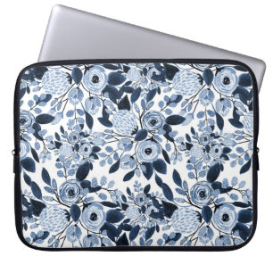 Navy Pastel Blue Watercolor Blumenmuster Laptopschutzhülle