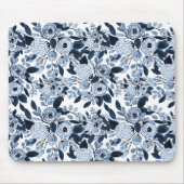 Navy Pastel Blue Watercolor Blumenmuster Mousepad (Vorne)