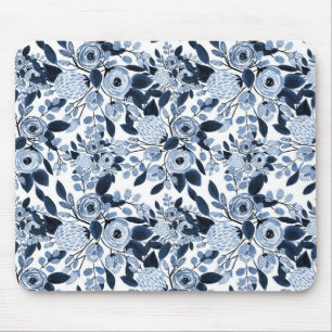 Navy Pastel Blue Watercolor Blumenmuster Mousepad