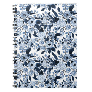 Navy Pastel Blue Watercolor Blumenmuster Notizblock