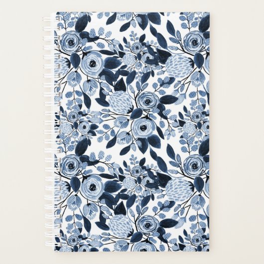 Navy Pastel Blue Watercolor Blumenmuster Planer (Vorderseite)