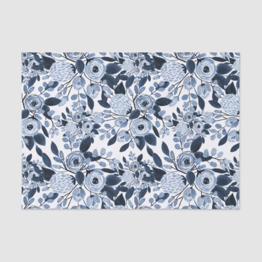 Navy Pastel Blue Watercolor Blumenmuster Seidenpapier (Vorderseite)