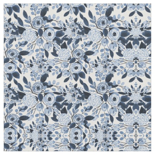 Navy Pastel Blue Watercolor Blumenmuster Stoff (Nahaufnahme)