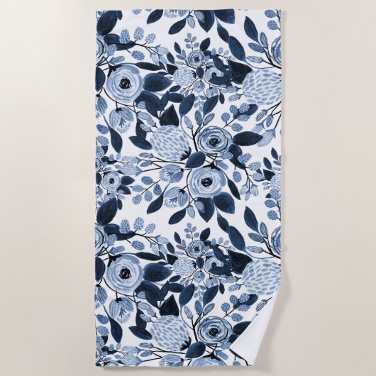 Navy Pastel Blue Watercolor Blumenmuster Strandtuch (Vorderseite)