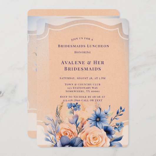 Navy Peach bemalt Blumenbridmaids Luncheon Einladung (Vorne/Hinten)