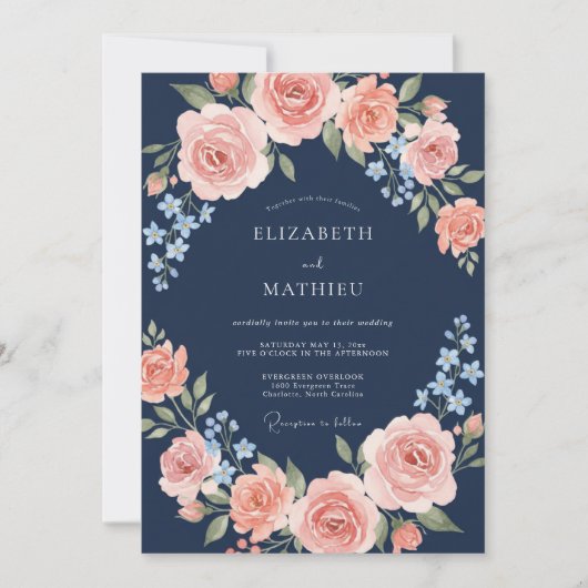 Navy Peach Blossom Bogenhochzeit Einladung (Vorderseite)