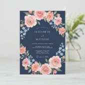 Navy Peach Blossom Bogenhochzeit Einladung (Stehend Vorderseite)