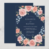 Navy Peach Blossom Bogenhochzeit Einladung (Vorne/Hinten)