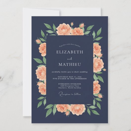 Navy Peach Blossom Hochzeit Einladung (Vorderseite)