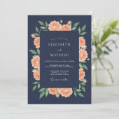Navy Peach Blossom Hochzeit Einladung (Stehend Vorderseite)