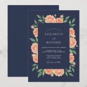 Navy Peach Blossom Hochzeit Einladung (Vorne/Hinten)