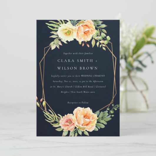 NAVY PEACH DESERT ERFOLGREICHE CACTI FOLIAGE WEDD EINLADUNG (Stehend Vorderseite)