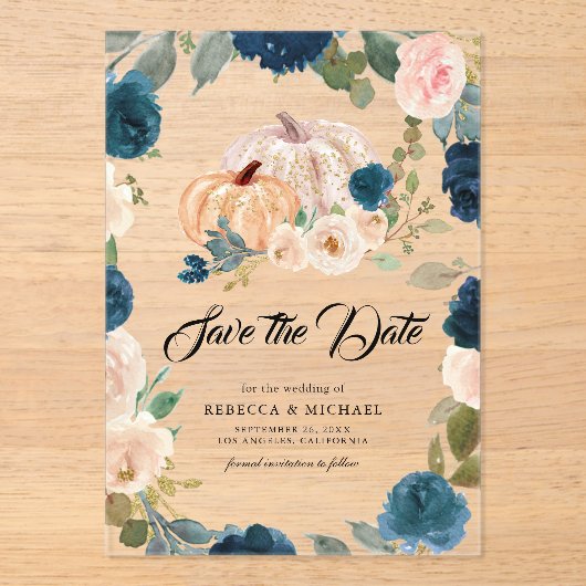 Navy Peach Floral Pumpkin Hochzeit speichern das D Acryleinladungen (Vorderseite)