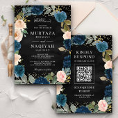 Navy Peach Floral QR Code Black Muslim Hochzeit Einladung