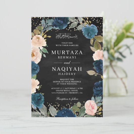Navy Peach Floral QR Code Black Muslim Hochzeit Einladung (Stehend Vorderseite)