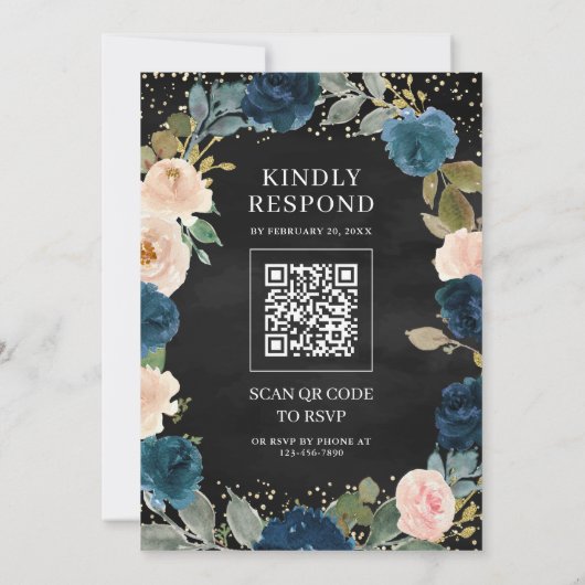 Navy Peach Floral QR Code Black Muslim Hochzeit Einladung (Rückseite)