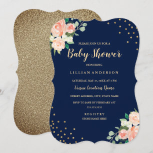 Navy Peach Gold Floral Confetti Baby Dusche Einladung