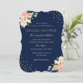 Navy Peach Gold Floral Confetti Brautparty Einladung (Stehend Vorderseite)