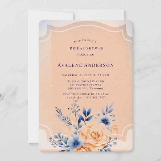 Navy Peach Painted Floral Brautparty Einladung (Vorderseite)
