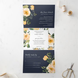 NAVY PEACH PEONY FLORAL WATERCOLOR WEDD DREIFACH GEFALTETE EINLADUNG