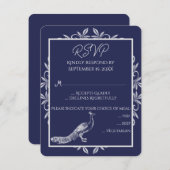 Navy Peacock Blüh Wedding RSVP Card (Vorne/Hinten)
