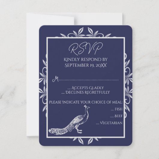 Navy Peacock Blüh Wedding RSVP Card (Vorderseite)