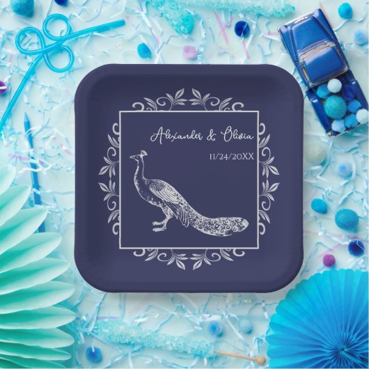 Navy Peacock Blühte Polterabend Paper Teller (Party)