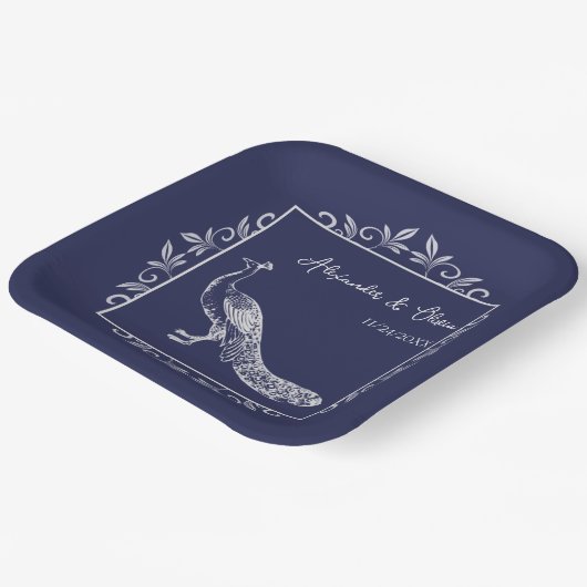 Navy Peacock Blühte Polterabend Paper Teller (Gewinkelt)