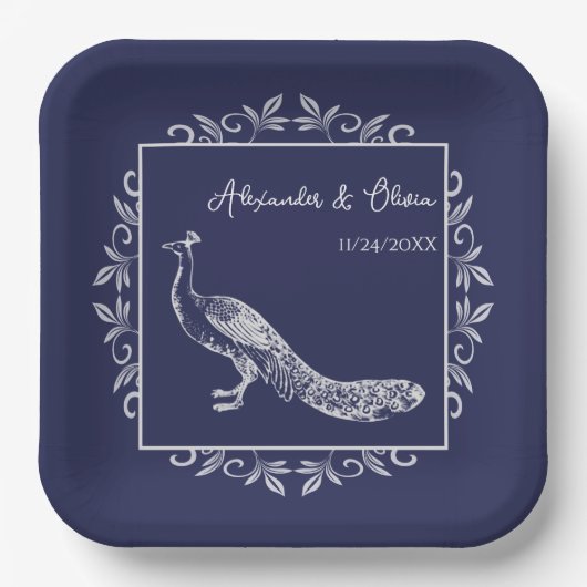 Navy Peacock Blühte Polterabend Paper Teller (Vorderseite)