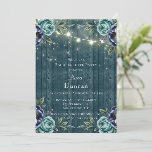 Navy Peonics und Türkis Rose Junggeselinnen-Abschi Einladung (Stehend Vorderseite)