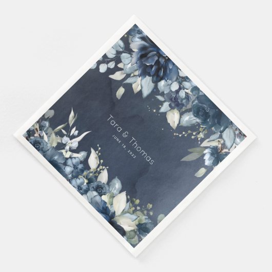 Navy Peonies Dusty Blue Eucalyptus Wedding Serviette (Ecke)