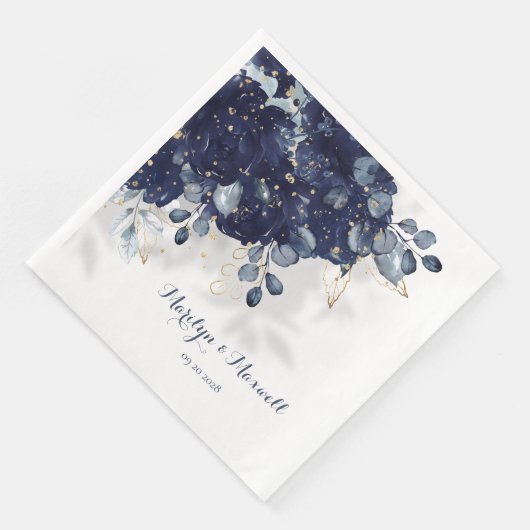 Navy Peony Eucalyptus Gold Spritzer Floral Shadow Serviette (Ecke)