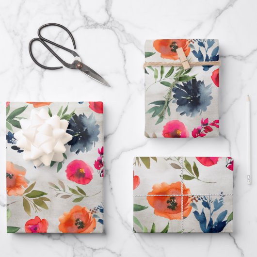 Navy Peony Pink Orange Poppy Garden Geschenkpapier Set (Vorderseite)