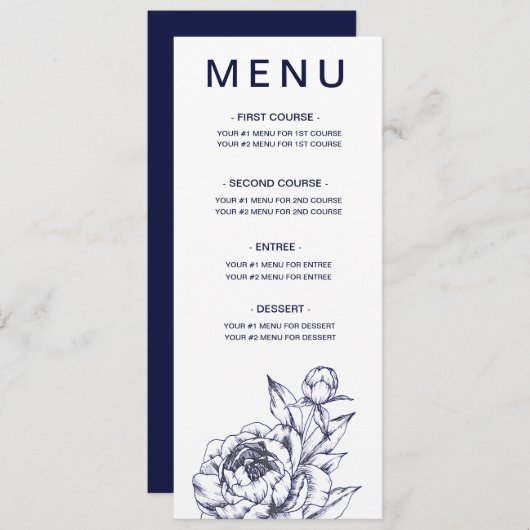 Navy Peony Simple Menu Card Menükarte (Vorne/Hinten)