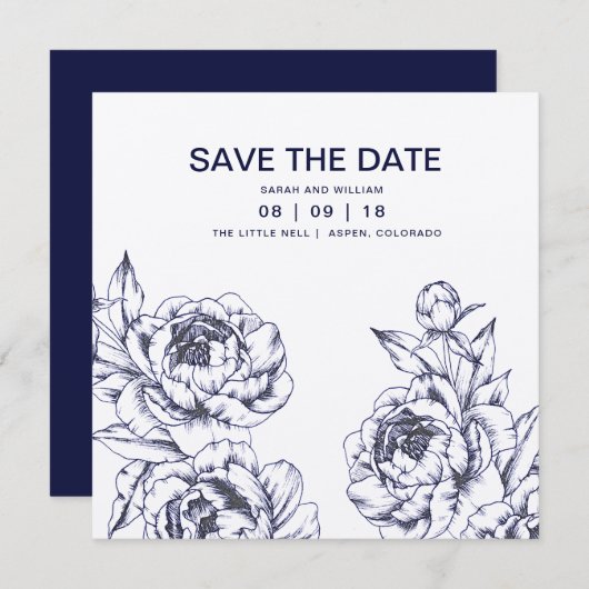 Navy Peony Simple Save the Date (Vorne/Hinten)